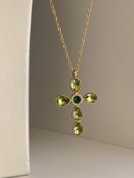 Green zirconia cross necklace